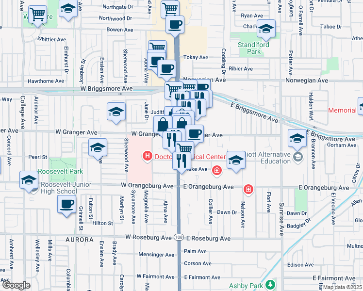 map of restaurants, bars, coffee shops, grocery stores, and more near Unnamed Road in Modesto