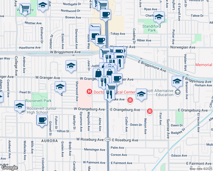 map of restaurants, bars, coffee shops, grocery stores, and more near 1525 McHenry Avenue in Modesto