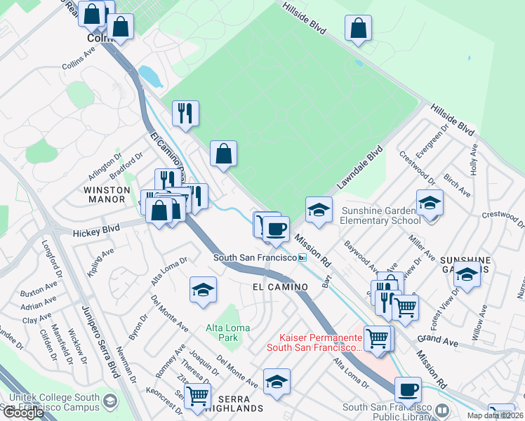 map of restaurants, bars, coffee shops, grocery stores, and more near 1345 Mission Road in South San Francisco
