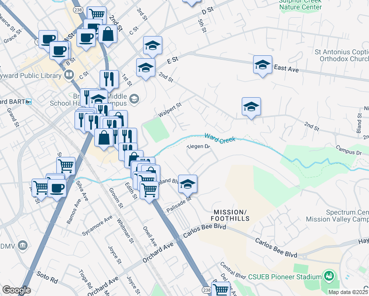 map of restaurants, bars, coffee shops, grocery stores, and more near 1160 Tiegen Drive in Hayward