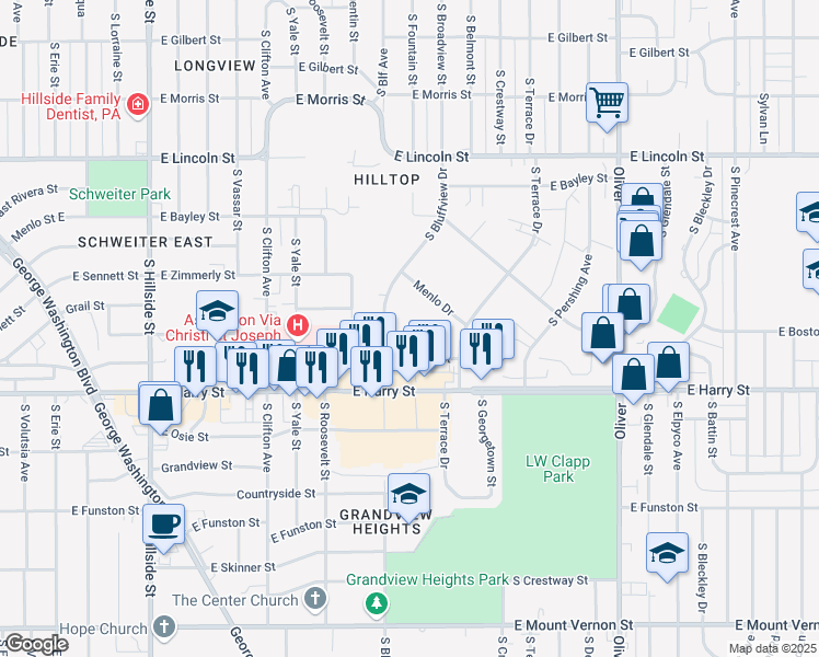 map of restaurants, bars, coffee shops, grocery stores, and more near 1420 South Bluffview Drive in Wichita