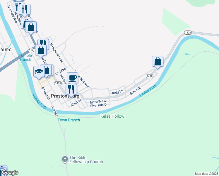 map of restaurants, bars, coffee shops, grocery stores, and more near 581 South Highland Avenue in Prestonsburg