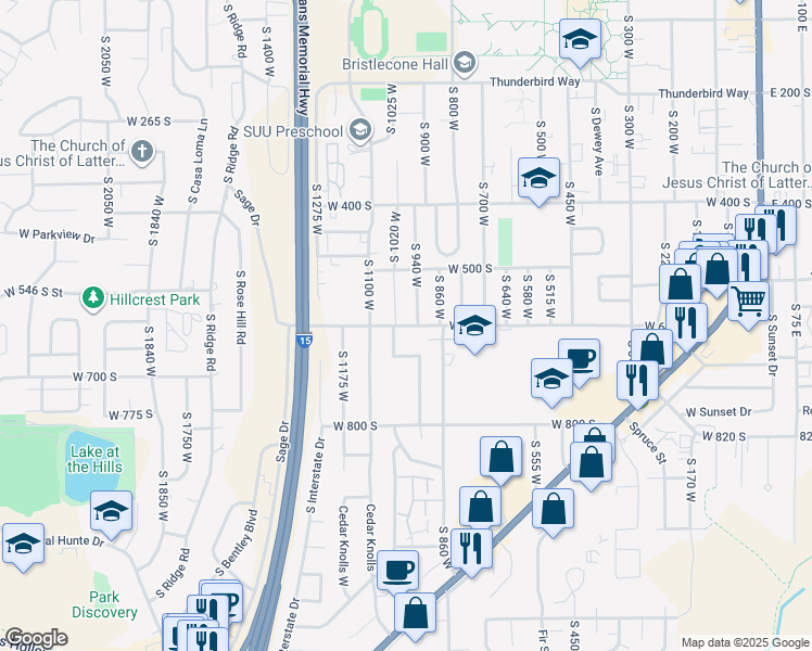 map of restaurants, bars, coffee shops, grocery stores, and more near West 600 South in Cedar City