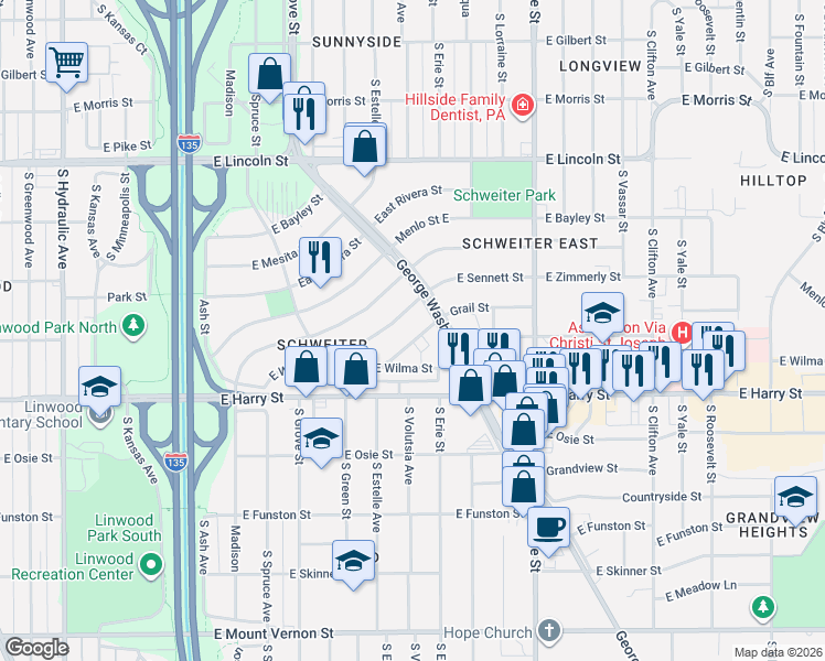 map of restaurants, bars, coffee shops, grocery stores, and more near 2640 East Grail Street in Wichita
