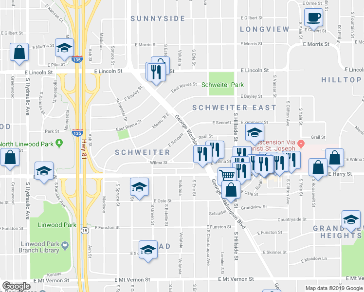 map of restaurants, bars, coffee shops, grocery stores, and more near 2640 East Grail Street in Wichita