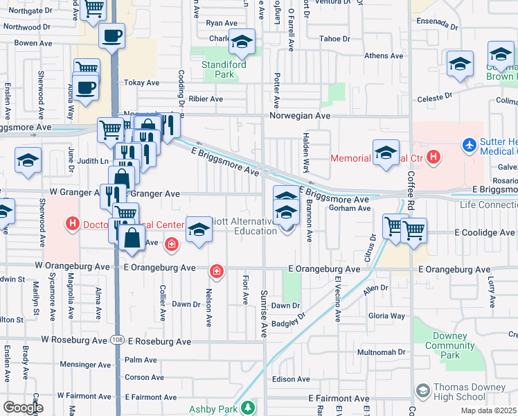 map of restaurants, bars, coffee shops, grocery stores, and more near 1539 Sunrise Avenue in Modesto