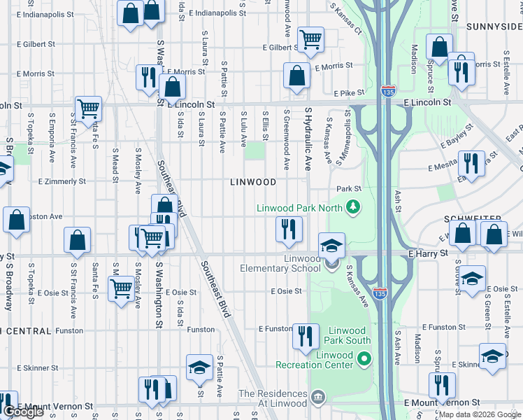 map of restaurants, bars, coffee shops, grocery stores, and more near 1443 Ellis South in Wichita