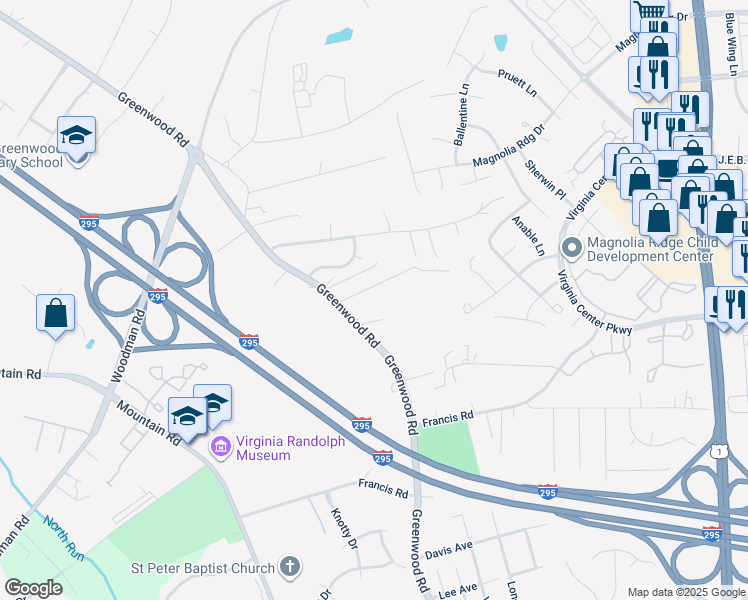 map of restaurants, bars, coffee shops, grocery stores, and more near 1960 Garth Lane in Glen Allen