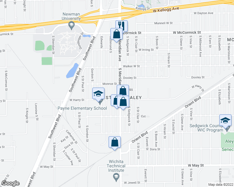map of restaurants, bars, coffee shops, grocery stores, and more near 1537 South Meridian Avenue in Wichita