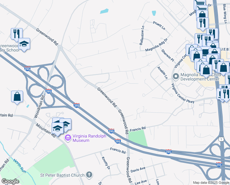 map of restaurants, bars, coffee shops, grocery stores, and more near 1960 Garth Lane in Glen Allen