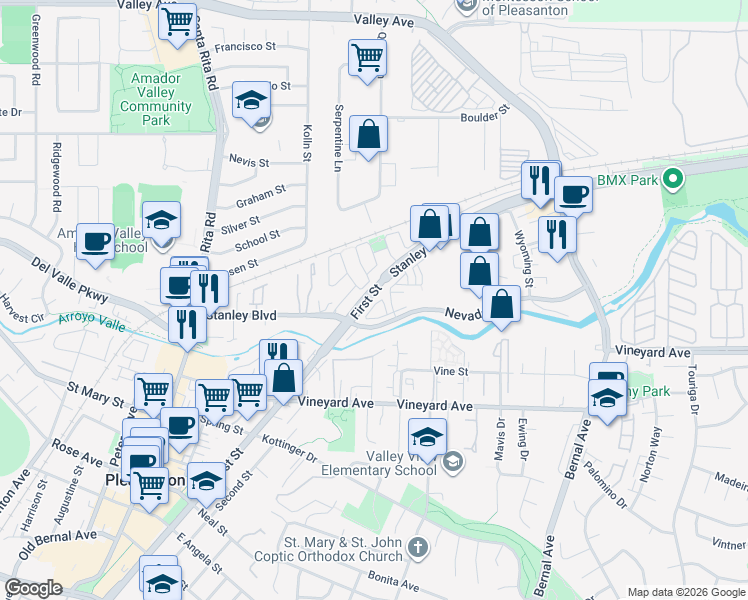 map of restaurants, bars, coffee shops, grocery stores, and more near 3856 Stanley Boulevard in Pleasanton
