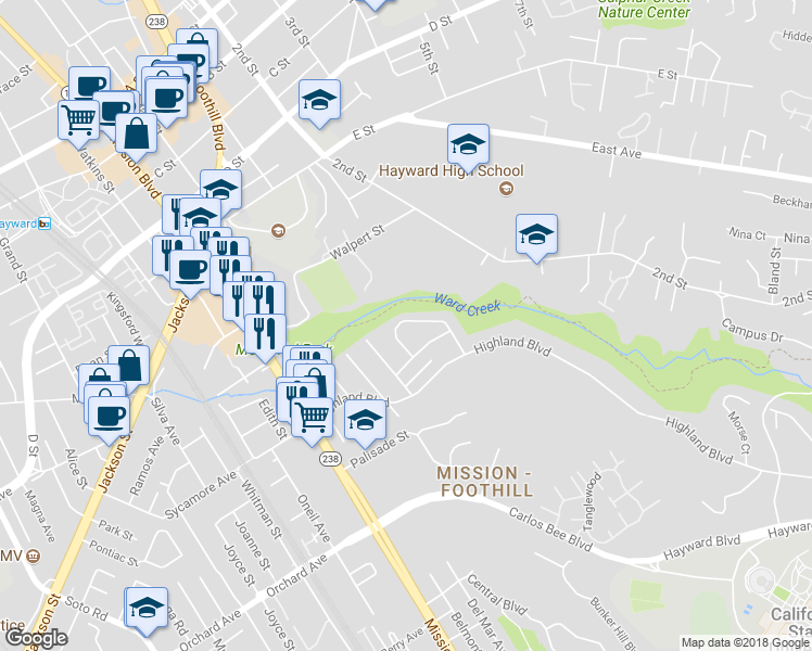 map of restaurants, bars, coffee shops, grocery stores, and more near 1157 Tiegen Drive in Hayward