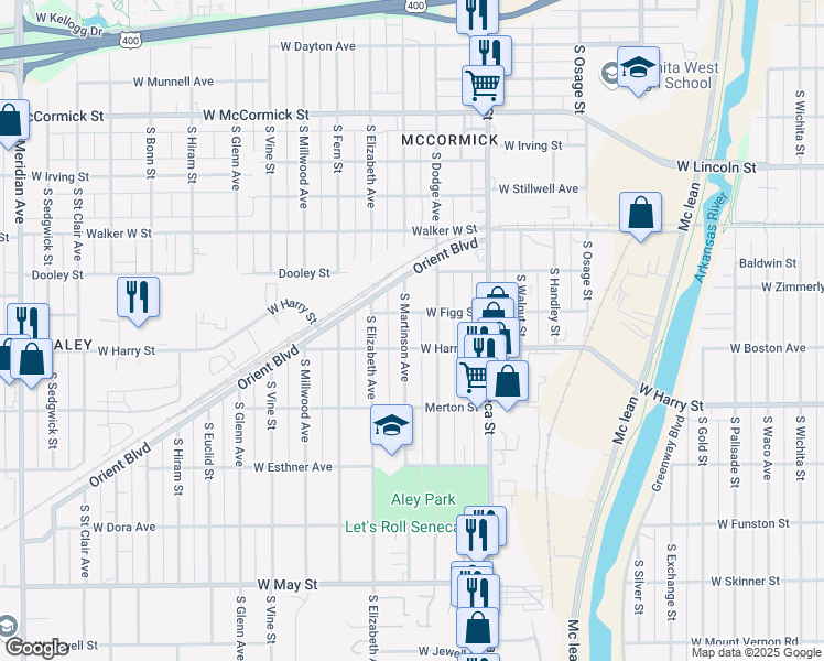 map of restaurants, bars, coffee shops, grocery stores, and more near 1518 South Martinson Street in Wichita
