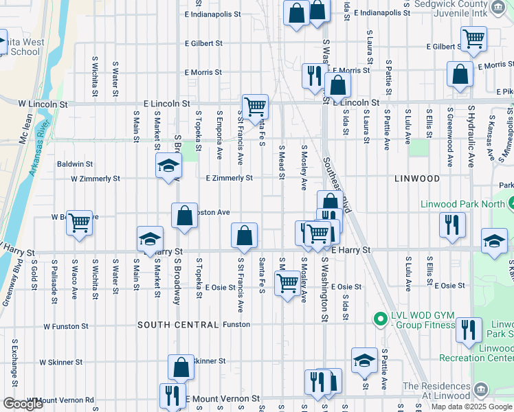 map of restaurants, bars, coffee shops, grocery stores, and more near 1447 Santa Fe South in Wichita