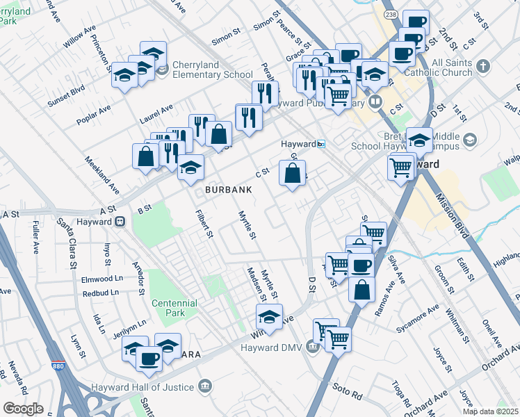 map of restaurants, bars, coffee shops, grocery stores, and more near 22799 Arnold Court in Hayward