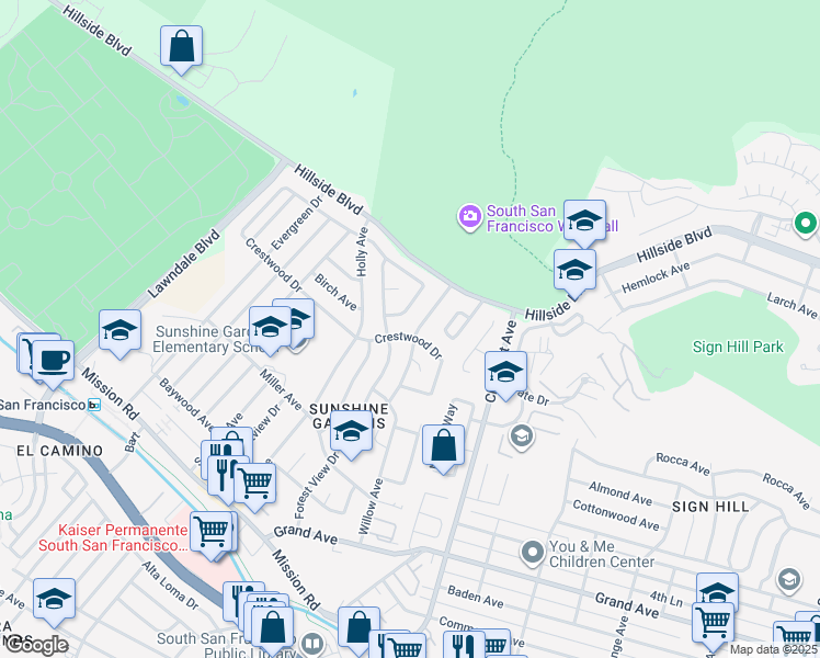 map of restaurants, bars, coffee shops, grocery stores, and more near 1100 Crestwood Drive in South San Francisco