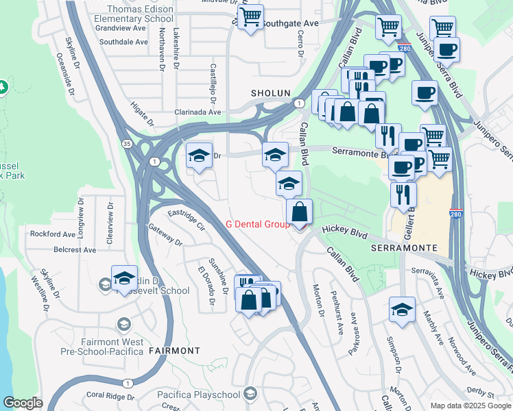 map of restaurants, bars, coffee shops, grocery stores, and more near 850 Campus Drive in Daly City