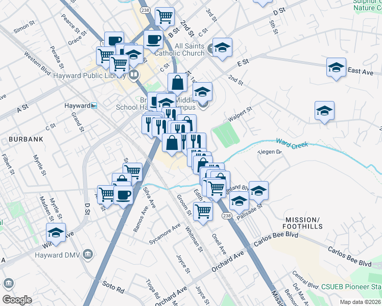 map of restaurants, bars, coffee shops, grocery stores, and more near 24100 California 238 in Hayward