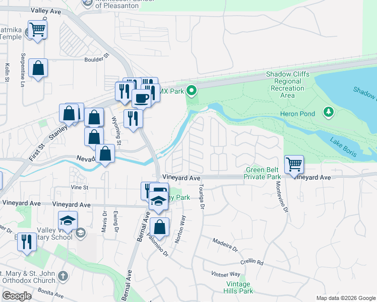 map of restaurants, bars, coffee shops, grocery stores, and more near 51 Pasas Street in Pleasanton