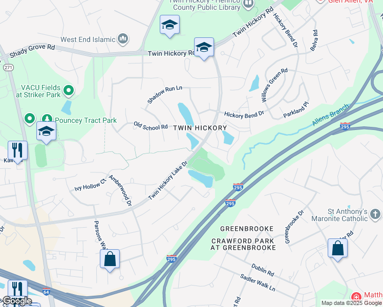 map of restaurants, bars, coffee shops, grocery stores, and more near 4632 Twin Hickory Lake Drive in Glen Allen