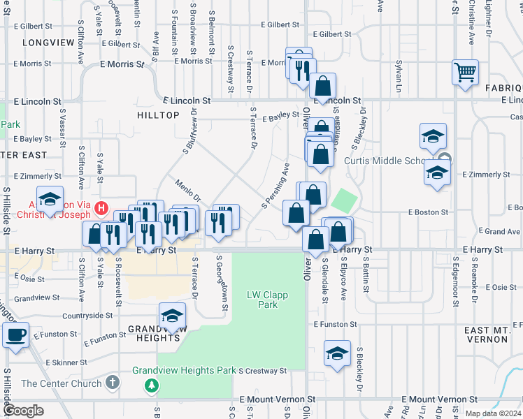 map of restaurants, bars, coffee shops, grocery stores, and more near 4601-4799 E Boston St in Wichita