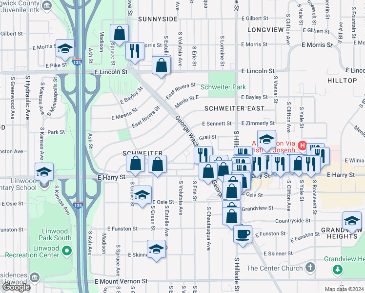 map of restaurants, bars, coffee shops, grocery stores, and more near 2640 East Grail Street in Wichita