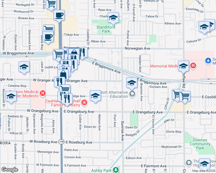 map of restaurants, bars, coffee shops, grocery stores, and more near 1528 Melrose Avenue in Modesto