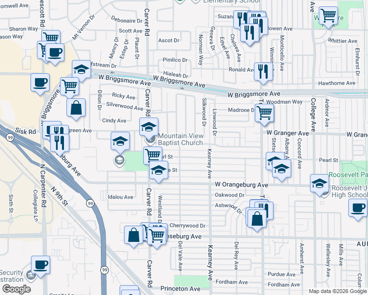 map of restaurants, bars, coffee shops, grocery stores, and more near 1536 Glenwood Drive in Modesto