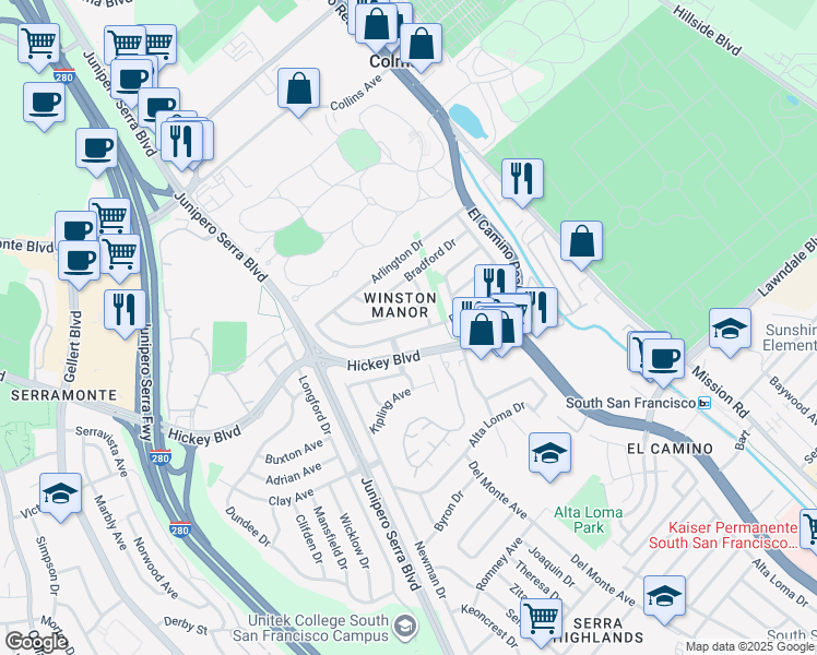 map of restaurants, bars, coffee shops, grocery stores, and more near 88 Duval Drive in South San Francisco