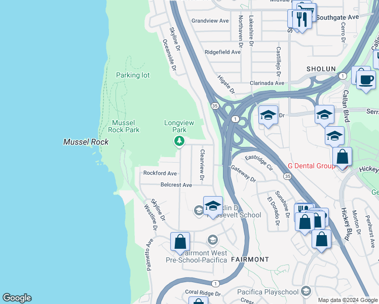 map of restaurants, bars, coffee shops, grocery stores, and more near 14 Montebello Drive in Daly City