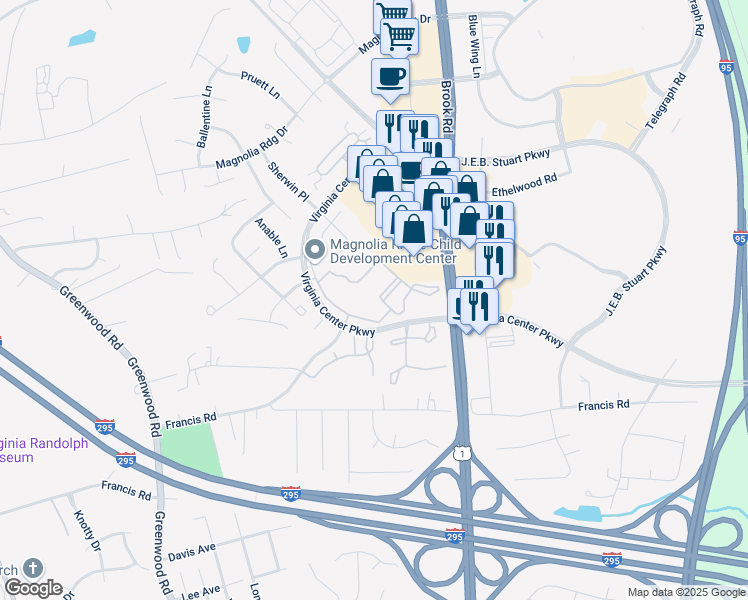 map of restaurants, bars, coffee shops, grocery stores, and more near 1200 Virginia Center Parkway in Glen Allen