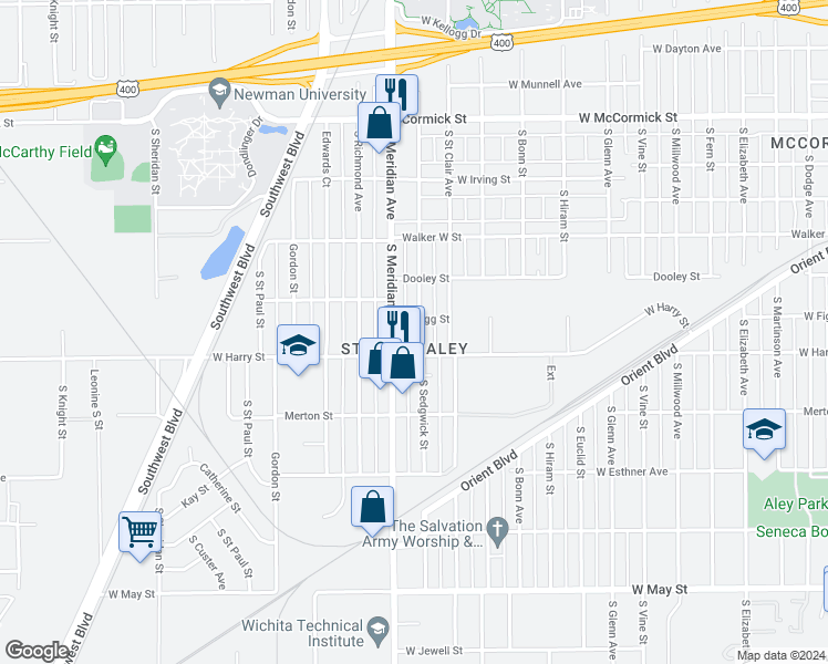 map of restaurants, bars, coffee shops, grocery stores, and more near 1515 South Sedgwick Street in Wichita