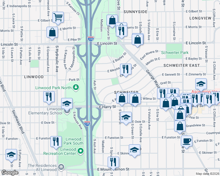 map of restaurants, bars, coffee shops, grocery stores, and more near 2209 Menlo Street East in Wichita