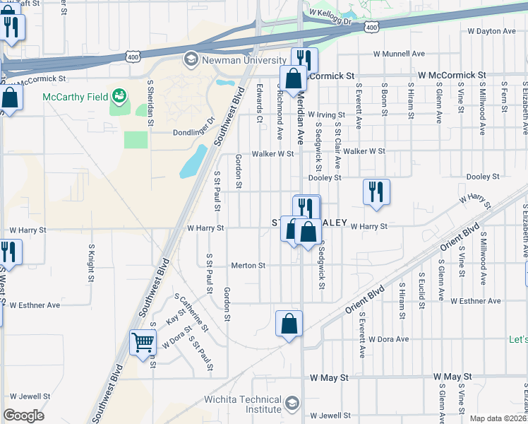 map of restaurants, bars, coffee shops, grocery stores, and more near 1542 South Gordon Street in Wichita