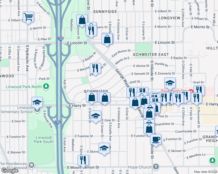 map of restaurants, bars, coffee shops, grocery stores, and more near 2548 East Sennett Street in Wichita