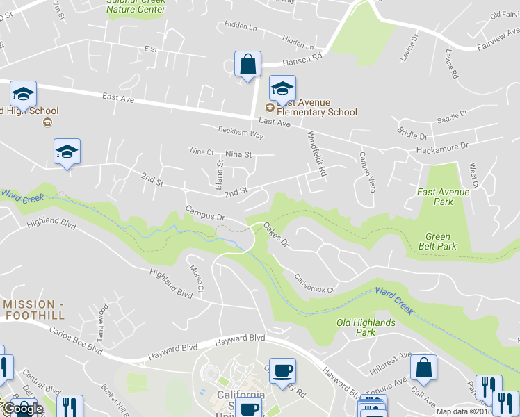 map of restaurants, bars, coffee shops, grocery stores, and more near 25105 Vista Greens Court in Hayward