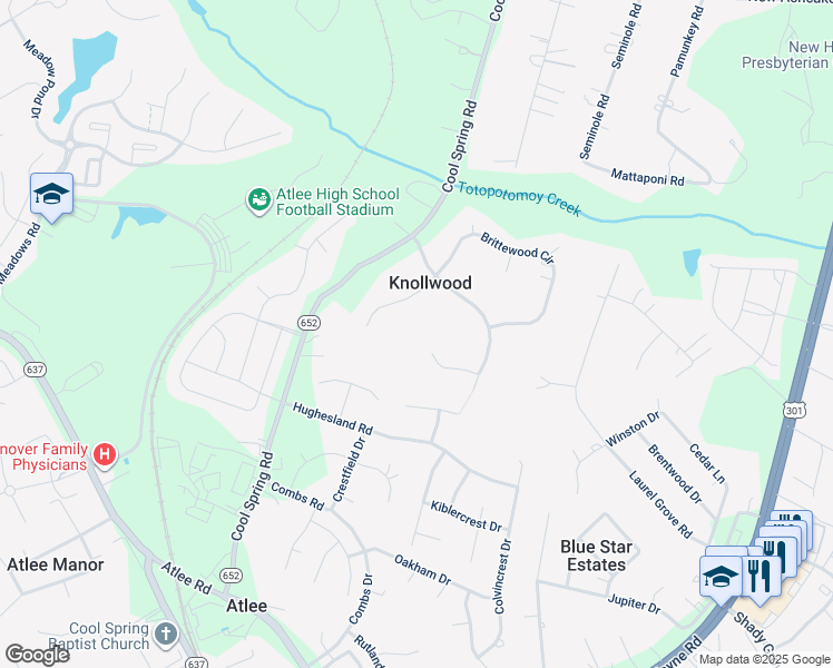 map of restaurants, bars, coffee shops, grocery stores, and more near 8407 Knollwood Court in Mechanicsville