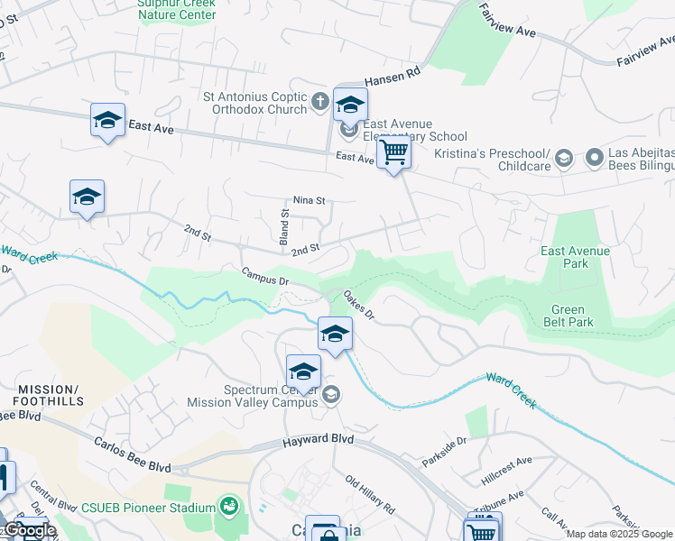 map of restaurants, bars, coffee shops, grocery stores, and more near 25105 Vista Greens Court in Hayward