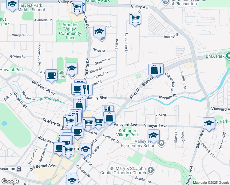 map of restaurants, bars, coffee shops, grocery stores, and more near 201 Del Valle Court in Pleasanton