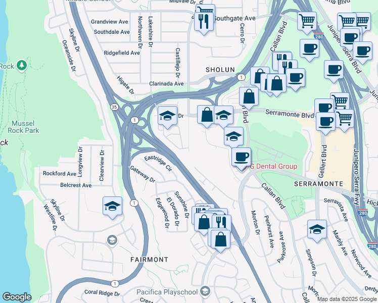 map of restaurants, bars, coffee shops, grocery stores, and more near 960 St Francis Blvd in Daly City