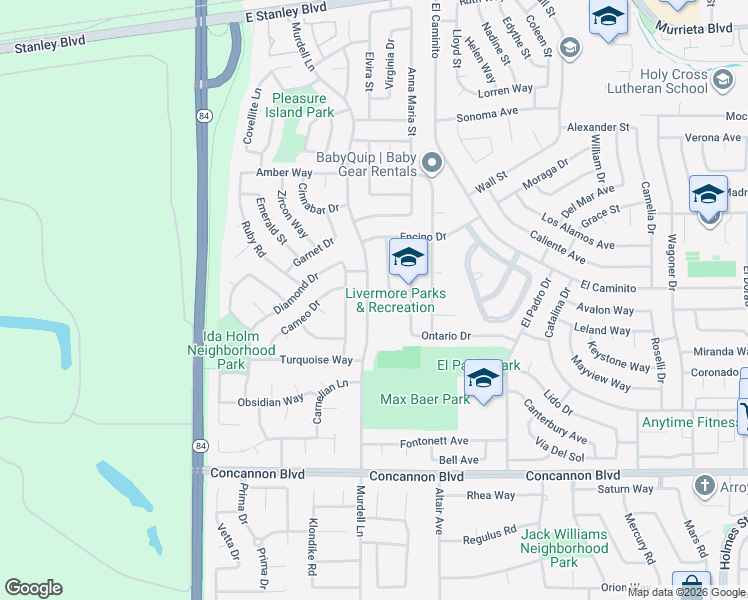 map of restaurants, bars, coffee shops, grocery stores, and more near 1222 Murdell Lane in Livermore