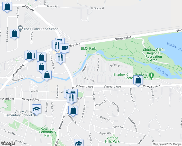 map of restaurants, bars, coffee shops, grocery stores, and more near 3263 Vineyard Avenue in Pleasanton