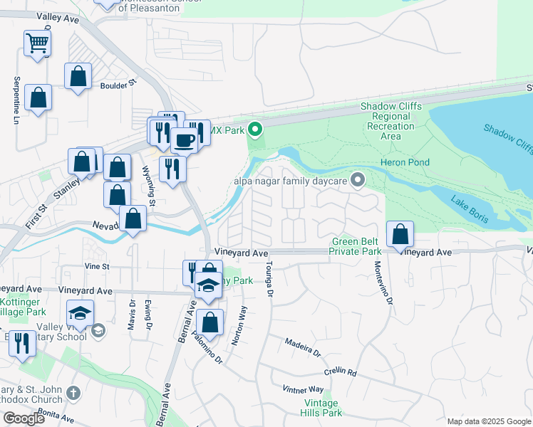 map of restaurants, bars, coffee shops, grocery stores, and more near 3263 Vineyard Avenue in Pleasanton