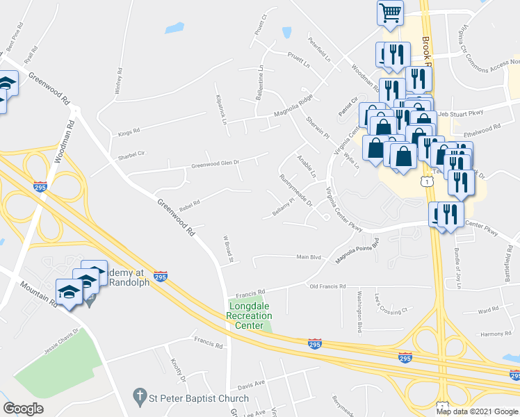 map of restaurants, bars, coffee shops, grocery stores, and more near 1832 Bellamy Place in Glen Allen