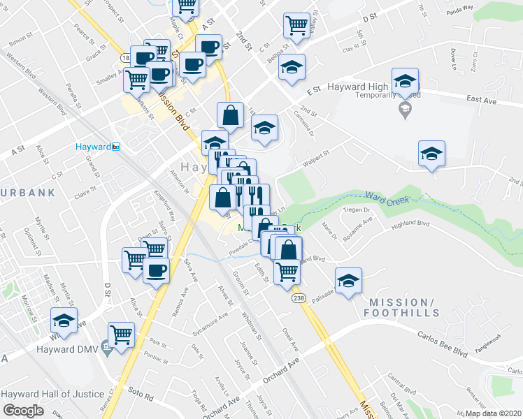 map of restaurants, bars, coffee shops, grocery stores, and more near 936 Fletcher Lane in Hayward