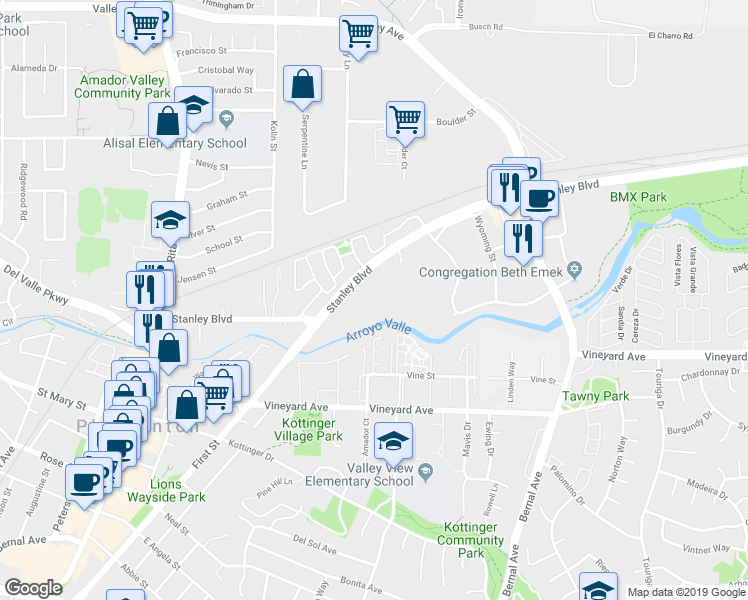 map of restaurants, bars, coffee shops, grocery stores, and more near 3780 Stanley Boulevard in Pleasanton