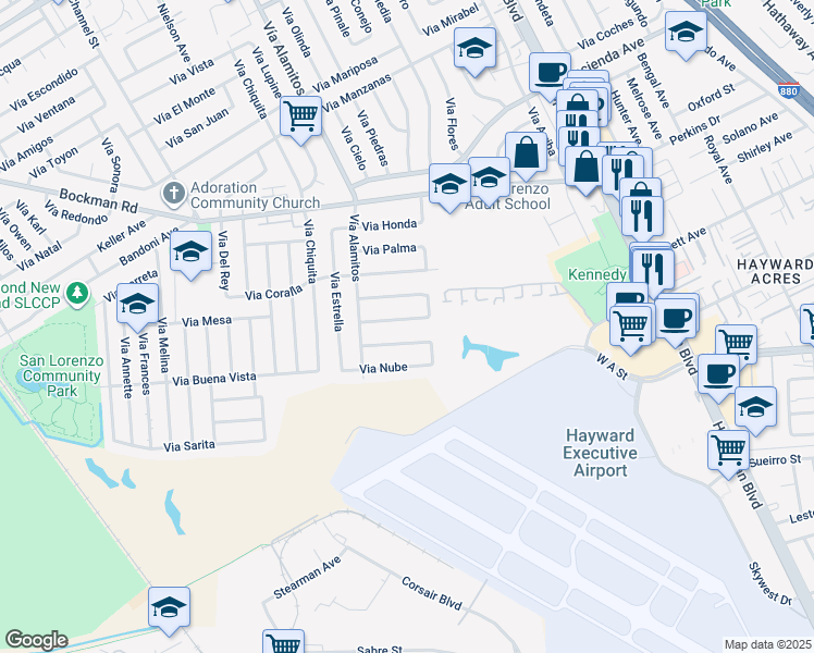 map of restaurants, bars, coffee shops, grocery stores, and more near 1176 Via Los Trancos in San Lorenzo