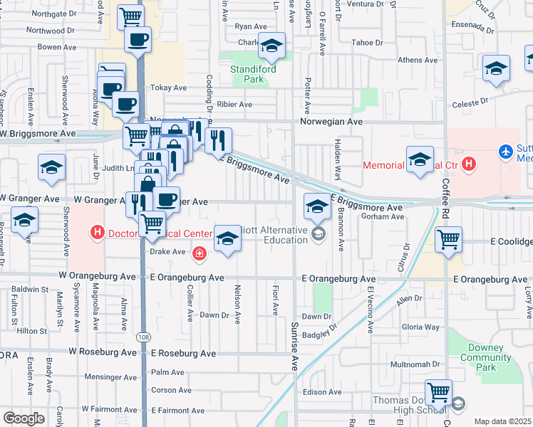 map of restaurants, bars, coffee shops, grocery stores, and more near 1528 Melrose Avenue in Modesto