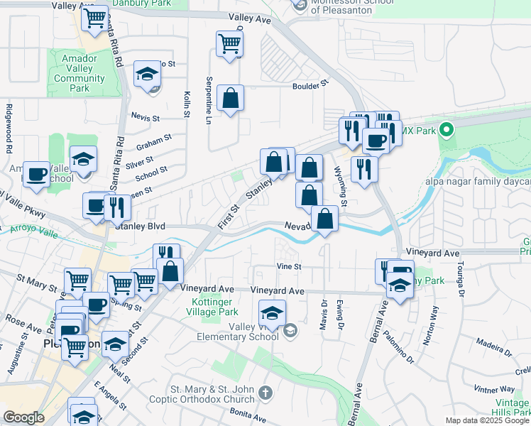 map of restaurants, bars, coffee shops, grocery stores, and more near 3780 Stanley Boulevard in Pleasanton