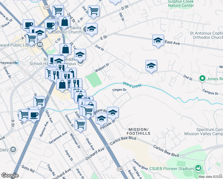 map of restaurants, bars, coffee shops, grocery stores, and more near 1157 Tiegen Drive in Hayward